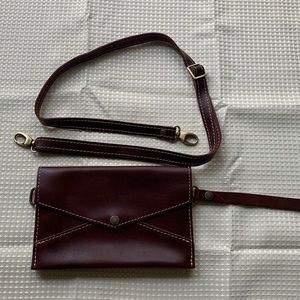 Portland Leather Goods Cognac Envelope Crossbody convertible wallet/purse.